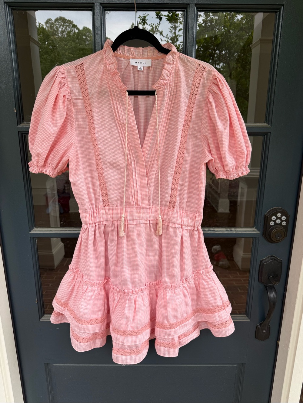 MABLE Peach Gingham Peasant Mini Dress